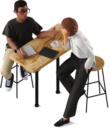 3d business woman and man discussing work at a bar table 1